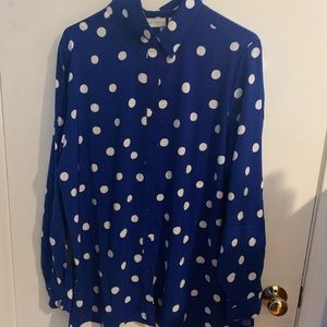 Susan Graver blue and white polka dot blouse sz L